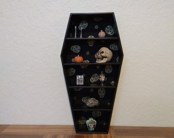 Decorative Coffin Shelves/ Craft show display/ crystal Display shelves/ display shelf/ coffin shelf/ gothic display black coffin with skulls