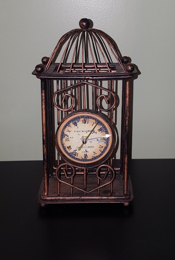 Cage à Oiseaux En Forme De Horloge Insolite Table En Fer Forgé Haut Temps Pièce Batterie Exploité Fil Décor Shabby Chic Vieux Monde Horloge Cadran