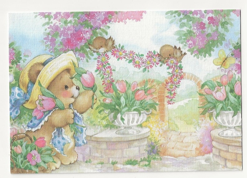 Cute Bear Garden Little Birds Animal Artwork Greeting Cards Unused No Envelope
