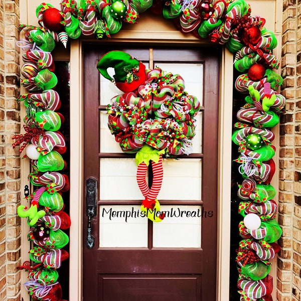 Christmas Elf Garland: Pre-Lit Red and Lime Green Holiday Decor