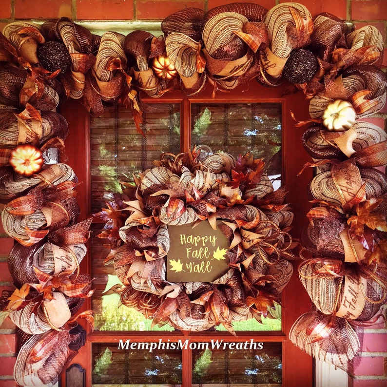 Fall Garland Deco Mesh Garland Autumn Garland Pre Lit Garland Lighted Garland Fall Decor Happy Fall Fall Swag Door Garland