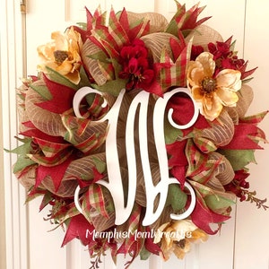 Burlap and Magnolia Monogram Deco Mesh Wreath, Everyday Front Door Wreath, Letter Wreath, Summer Initial Wreath