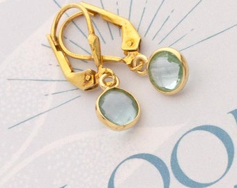 Golden earrings with aqua chalcedony, faceted round shape, 925 silver gold-plated, fine jewellery by Bloomgart