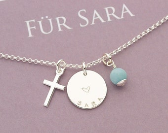 Namenskette SARA mit Kreuz Amazonite Gravur und Geschenkbox, 925 Silber Halskette, Geschenk zur Konfirmation, Kommunion, Taufe von Bloomgart