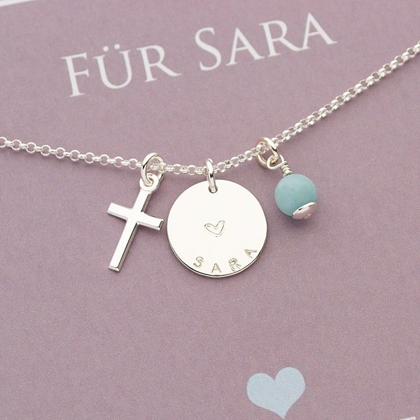 Namenskette SARA mit Kreuz Amazonite Gravur und Geschenkbox, 925 Silber Halskette, Geschenk zur Konfirmation, Kommunion, Taufe von Bloomgart