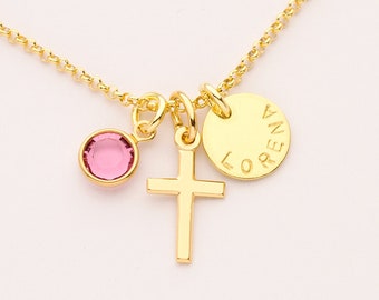 Kette mit Kreuz Geburtsstein und Namensgravur, Goldkette mit Kreuz, persönliche Geschenkbox mit Taufspruch, Schmuck Geschenke von Bloomgart