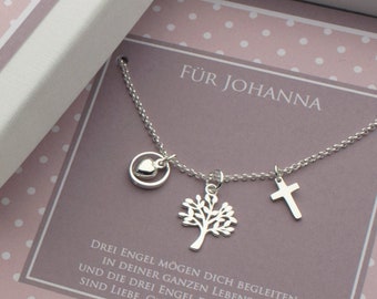 Geschenk zur Kommunion, Kette mit Herz im Taufring Kreuz und Baum aus 925 Silber von Bloomgart