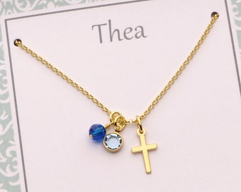 Communion gold necklace with cross and birthstone in 925 silver gold-plated, personalized gift box by Bloomgart