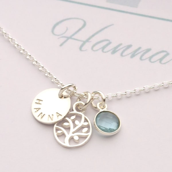 Name necklace with engraving tree of life aqua chalcedony and gift box, gift communion, birthday, school enrolment by Bloomgart