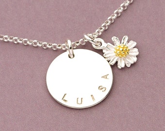 Name necklace LUISA with Daisy flower and gift box, 925 silver necklace, birthday gift, jewelry with engraving by Bloomgart