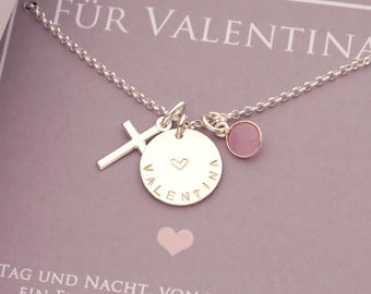 Collar con nombre VALENTINA y cuarzo rosa engastado en cruz y caja de regalo, plata 925, regalo para Primera Comunión, Bautismo, Confirmación de Bloomgart