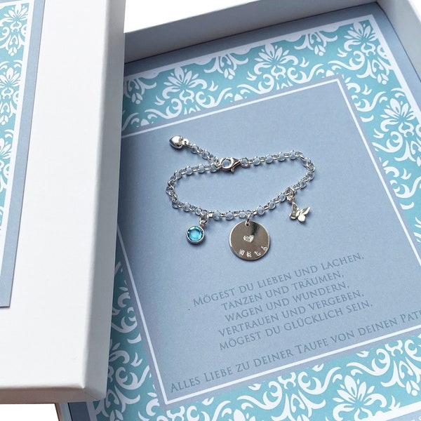 Gliederarmband NELA mit Gravur Schmetterling und Monatsstein, Namensarmband aus 925 Silber, personalisiertes Armband zur Taufe von Bloomgart