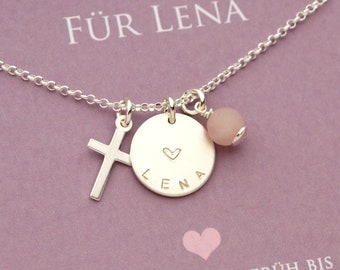 Name necklace LENA with cross rose quartz and gift box, 925 silver necklace, gift for confirmation, communion, christening by Bloomgart