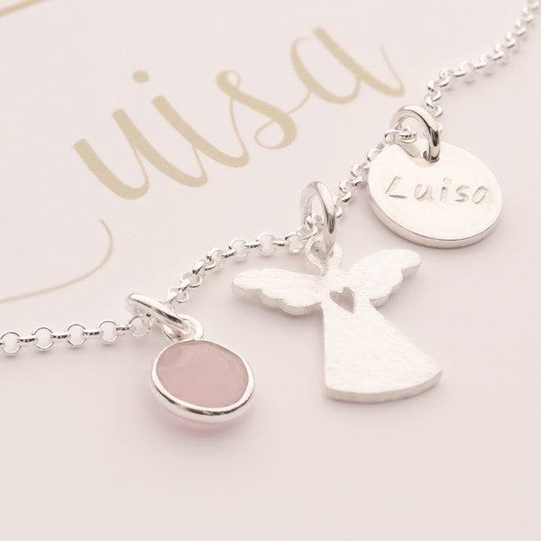 NAME CHAIN with guardian angel rose quartz engraving 925 silver gift box christening chain gift for baptism communion confirmation Bloomgart