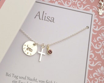 Name necklace with gift box engraving cross angel birthstone 925 silver gift for baptism communion confirmation by Bloomgart