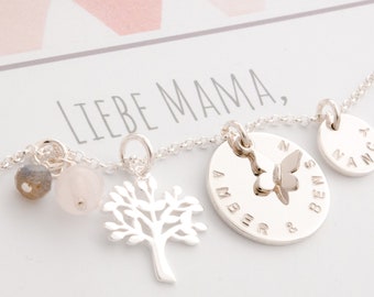 NAMENSKETTE mit GRAVUR LEBENSBAUM und Edelsteinchen 925 Silber personalisierter Schmuck mit Gravur Familienkette Geschenke für sie Bloomgart