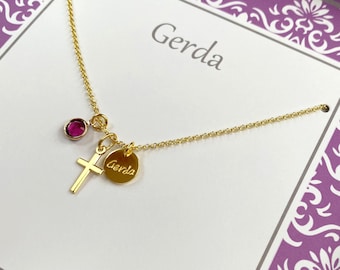 Personalized cross necklace GERDA name necklace with engraving in 925 silver gold plated by Bloomgart