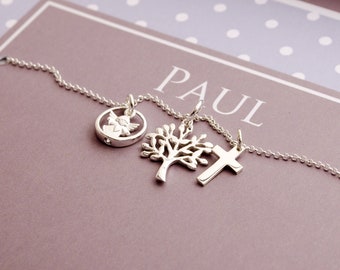 Christening chain PAUL baptism ring angel cross tree of life | unique gift for baptism | communion | blue baby baptism | by Bloomgart | 2005