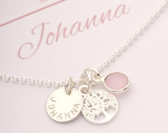 Name necklace with gift box engraving tree of life birthstone 925 silver, gift for baptism communion confirmation birthday from Bloomgart