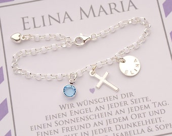 Name bracelet with desired engraving, cross, heart, month stone, personal gift for baptism, communion, confirmation from Bloomgart