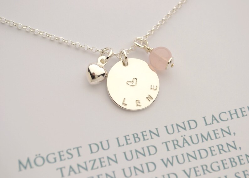 Namenskette LENE mit Herz Rosenquarz Geschenkbox 925 Silber Halskette Taufkette Mädchen Geschenk Patenkind von Bloomgart 2001 Bild 4