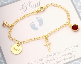 Christening gift for boys, gold bracelet with engraving, cross heart birthstone, gold jewellery, christening necklace gold by Bloomgart