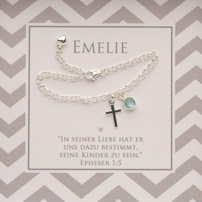Christening gift, christening bracelet in 925 silver with cross and birthstone in personalized gift box by Bloomgart image 5