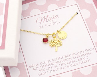 Gold chain My tree of life with engraved birthstone and tree pendant, with personalised gift box from Bloomgart