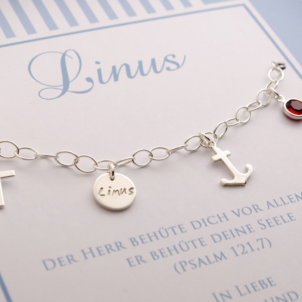 TAUFARMBAND MIT GRAVUR Kreuz Anker Name Geburtsstein 925 Sterling Silber Schmuck Gravur Taufarmband Kinderschmuck Schmuck Taufe Bloomgart