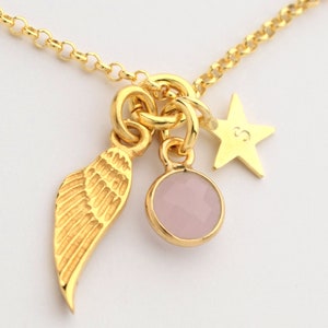 ENGEL JEWELLERY with wing rose quartz and initial star • necklace in golden plated silver • personalised jewellery by Bloomgart • No 028