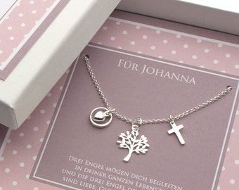 Geschenk zur Kommunion, Kette mit Herz im Taufring Kreuz und Baum aus 925 Silber von Bloomgart