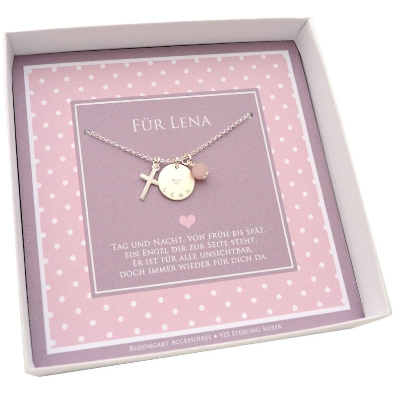 Name necklace LENA with cross rose quartz and gift box, 925 silver necklace, gift for confirmation, communion, christening by Bloomgart image 5