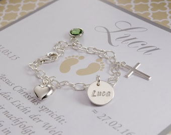 Christening bracelet with heart, cross, name and birthstone in 925 silver, christening gift with personalized gift box from Bloomgart