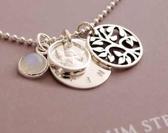 Baptismal Chain Tree of Life Angel Baptismal Ring Engraving 925 Silver Baptismal Jewelry with Guardian Angel and Tree of Life with Gift Box