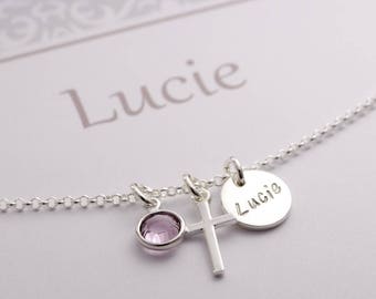 BLOOMGART chain with gift box engraved name plate cross birthstone 925 Sterling Silver Christening Jewelery Baptism Necklace Girl Boy