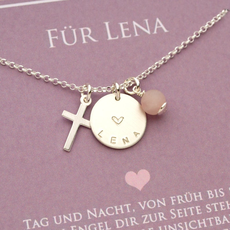 Name necklace LENA with cross rose quartz and gift box, 925 silver necklace, gift for confirmation, communion, christening by Bloomgart image 1