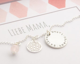 NAMENSKETTE MAMA mit GESCHENKBOX • Lebensblume Rosenquarz Namenstaler • personalisierter Schmuck mit Gravur • Schmuckgeschenke von Bloomgart