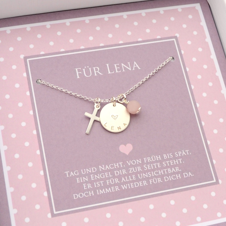 Name necklace LENA with cross rose quartz and gift box, 925 silver necklace, gift for confirmation, communion, christening by Bloomgart image 3