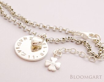 PULSERA CON NOMBRE CON GRABADO Corazón de Trébol de la Suerte Plata 925 Regalo personal para la inscripción a la escuela Bautismo de nacimiento con caja de regalo de Bloomgart