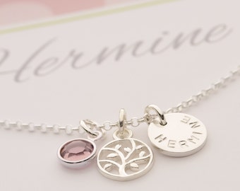 Name necklace with gift box engraving tree of life birthstone 925 silver, gift for baptism communion confirmation birthday from Bloomgart