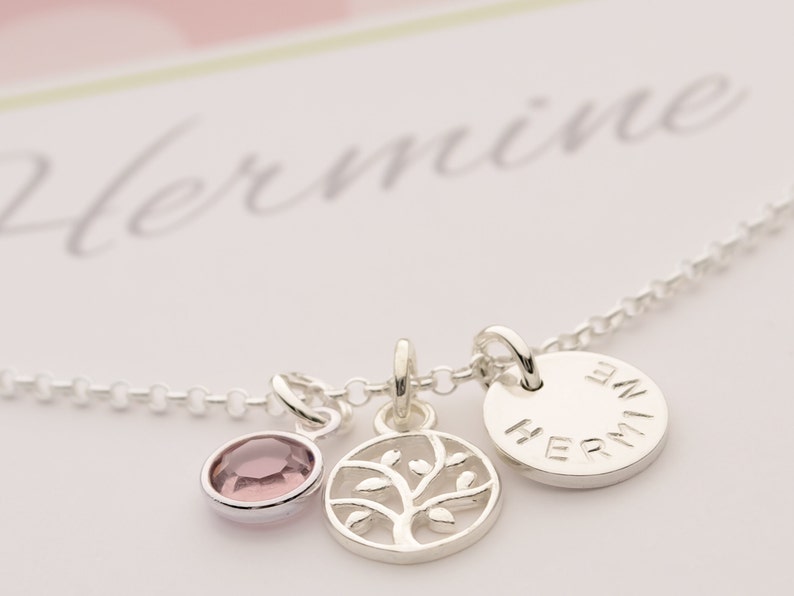 Name necklace with gift box engraving tree of life birthstone 925 silver, gift for baptism communion confirmation birthday from Bloomgart image 1
