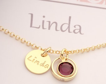 Personalised name chain LINDA with christening ring birthstone gift box, gift for christening communion confirmation by Bloomgart