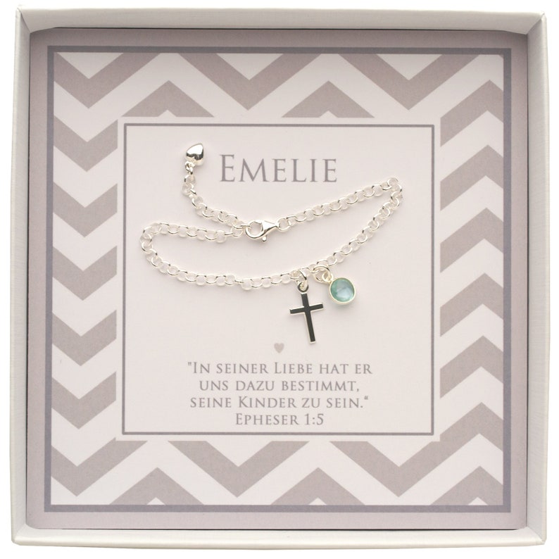 Christening gift, christening bracelet in 925 silver with cross and birthstone in personalized gift box by Bloomgart image 3