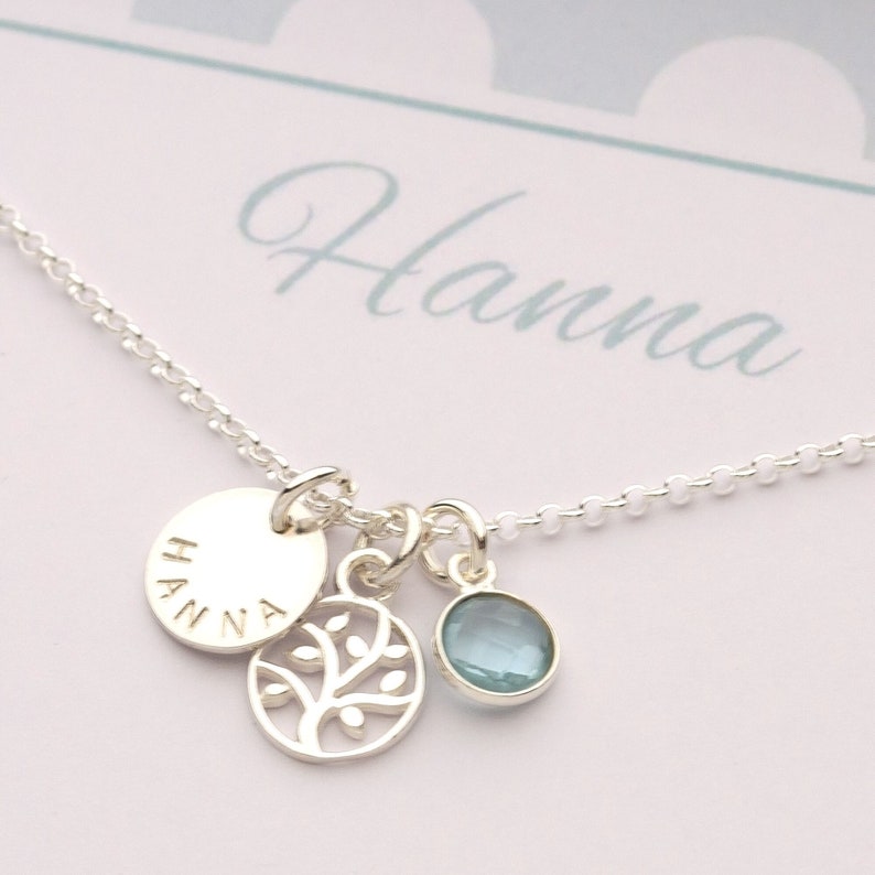 Name necklace with engraving tree of life aqua chalcedony and gift box, gift communion, birthday, school enrolment by Bloomgart image 1