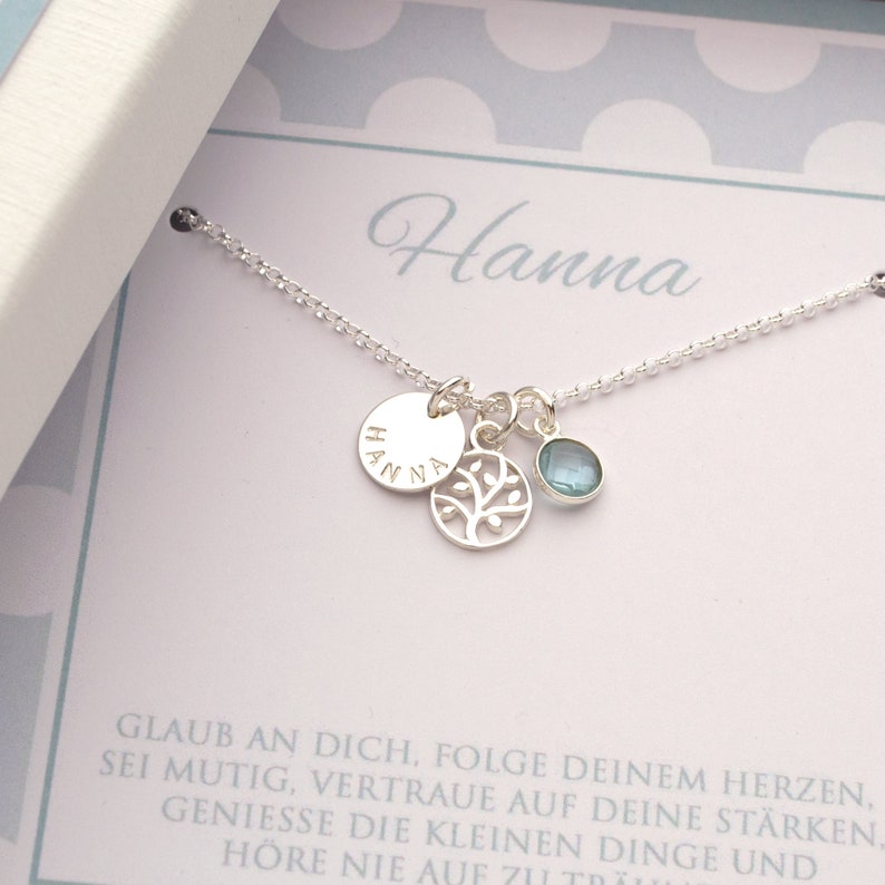 Name necklace with engraving tree of life aqua chalcedony and gift box, gift communion, birthday, school enrolment by Bloomgart image 6
