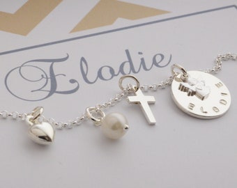 Name Necklace MY LITTE ANGEL with engraving angel cross heart pearl Gift box by Bloomgart