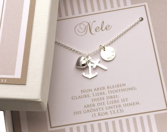 Geschenk zur Taufe, personalisierte Halskette, Glaube Liebe Hoffnung mit Herz Kreuz und Anker aus 925 Silber und Geschenkbox von Bloomgart