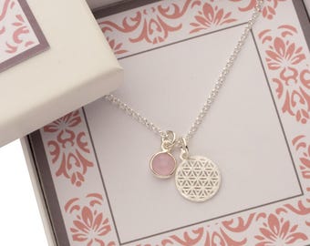 Fine necklace with flower of life | gemstone pendant | rose quartz | moonstone | tourmaline | amethyst | Bloomgart gift box