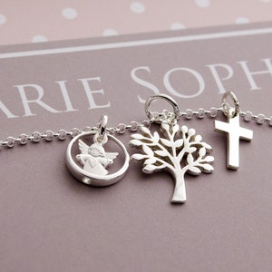 Doopsieraad met doopring engelenkruis levensboom gemaakt van 925 zilver, doopketting meisje cadeau voor doop communiebevestiging van Bloomgart