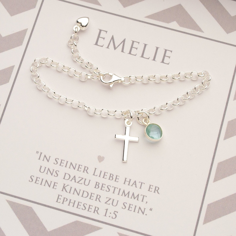 Christening gift, christening bracelet in 925 silver with cross and birthstone in personalized gift box by Bloomgart image 1